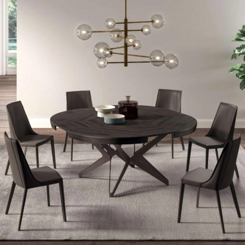 Table à rallonge BIG ROUND en Chêne Ancien Gris et piétement  en métal bronze