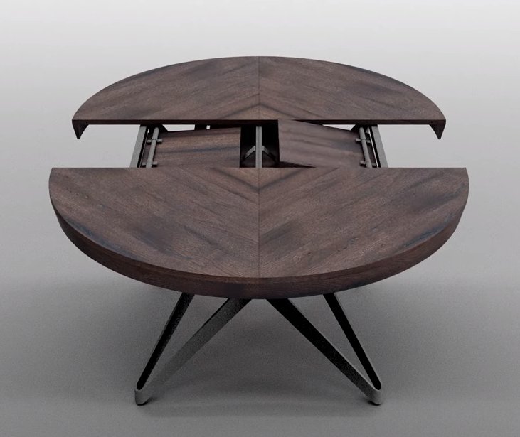 Table à rallonge BIG ROUND en Chêne Ancien Gris et piétement  en métal bronze