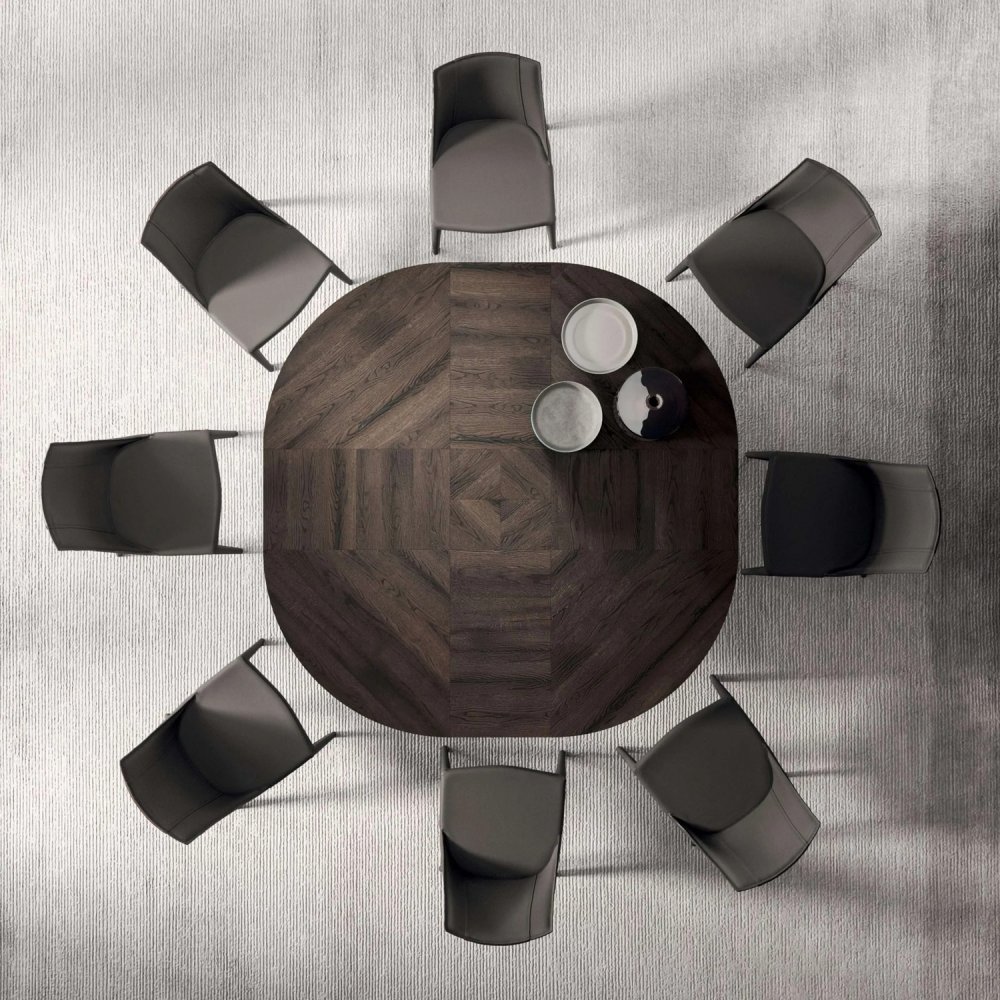 Table à rallonge BIG ROUND en Chêne Ancien Gris et piétement  en métal bronze