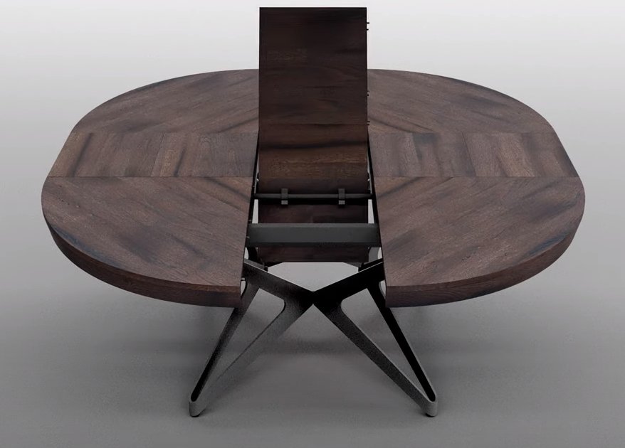 Table à rallonge BIG ROUND en Chêne Ancien Gris et piétement  en métal bronze