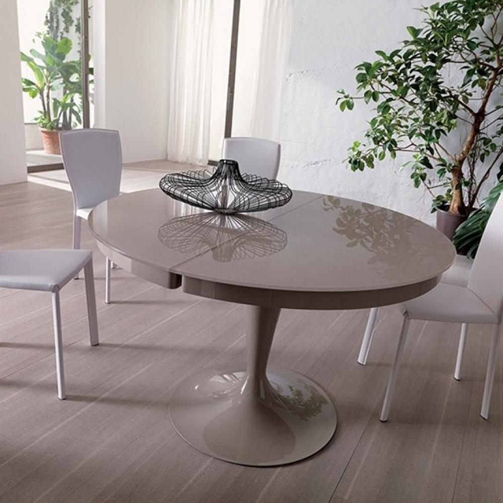Table extensible Ronde ECLIPSE en Verre Crème Café et piétement Métal Champagne