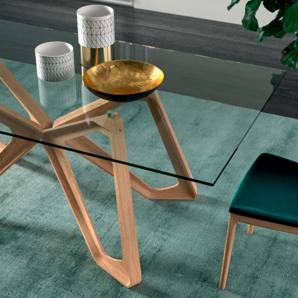 OZZIO PAPILLON Table fixe en cristal transparent et piétement en  bois / Medium
