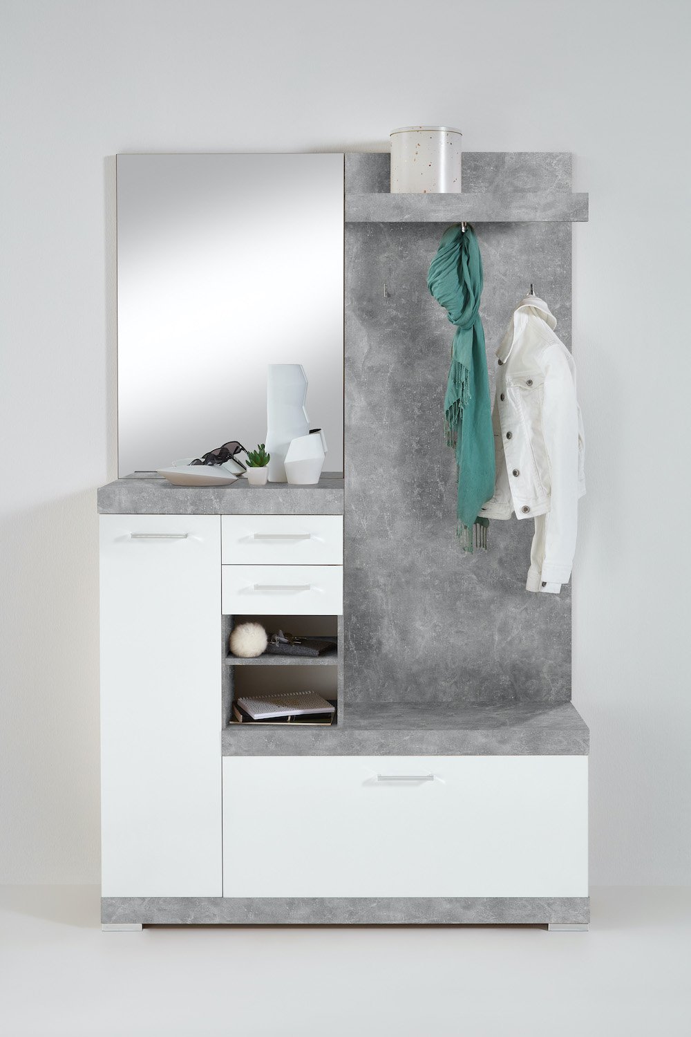 Vestiaire BEZIERS gris béton et blanc brillant 1 porte 2 tiroirs 3 plateaux fixes 3 plateaux amovibles