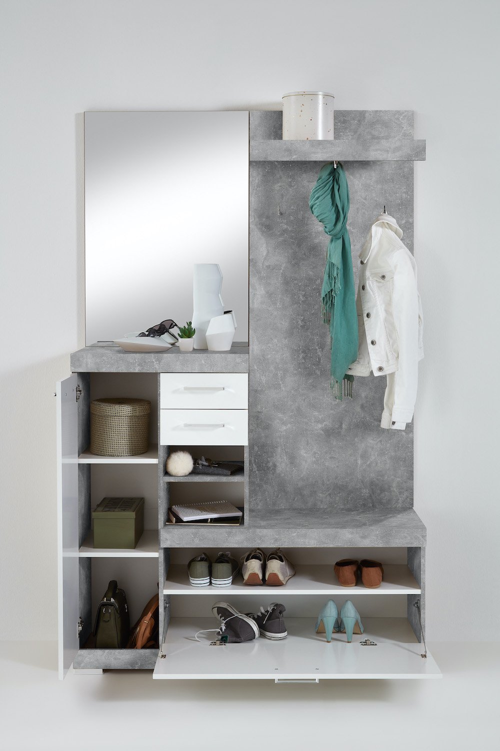 Vestiaire BEZIERS gris béton et blanc brillant 1 porte 2 tiroirs 3 plateaux fixes 3 plateaux amovibles