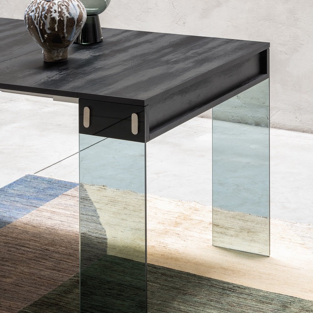 Table console extensible 45 à 225 cm STEF 8 couverts piétement verre fumé plateau noir