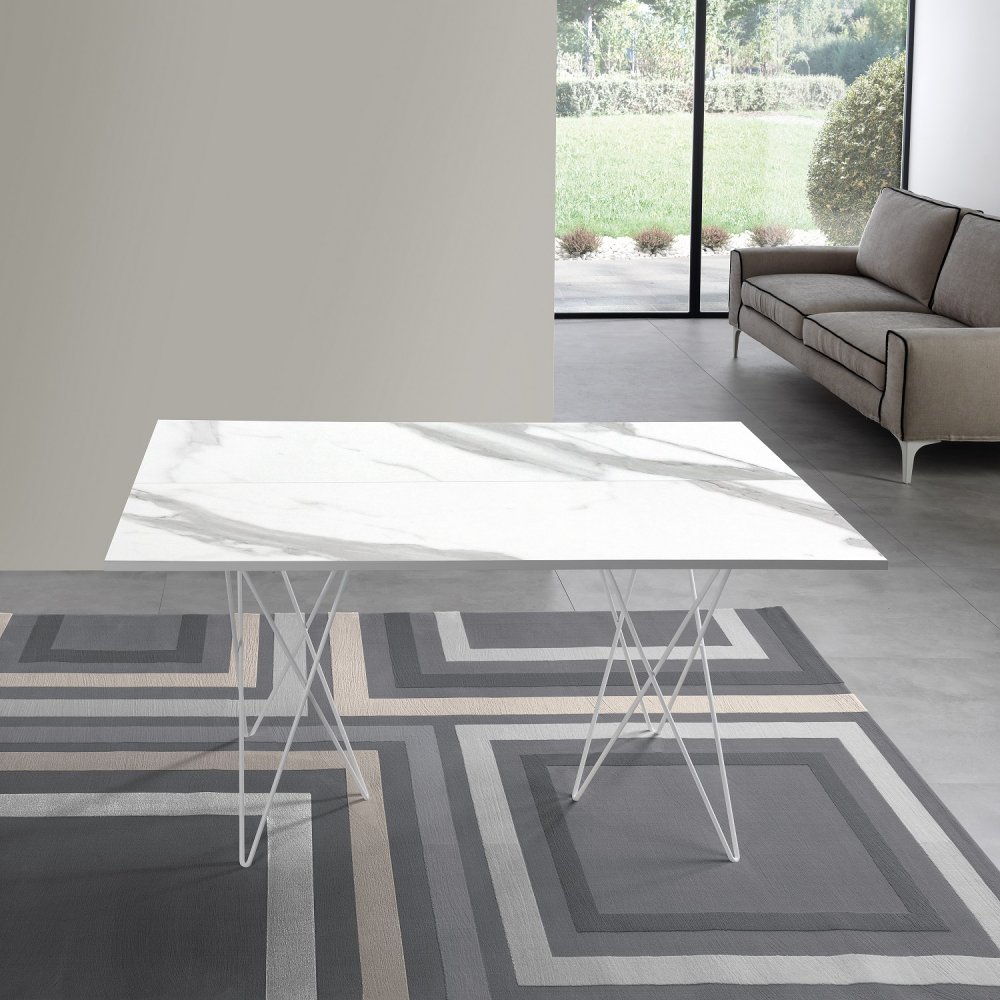 Table console extensible 6 couverts HERMES 140 cm pieds métal plateau stratifié marbre blanc