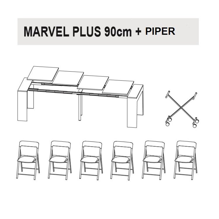 Table console extensible 12 couverts MARVEL PLUS avec 6 chaises pliantes PIPER et porte chaise inclus