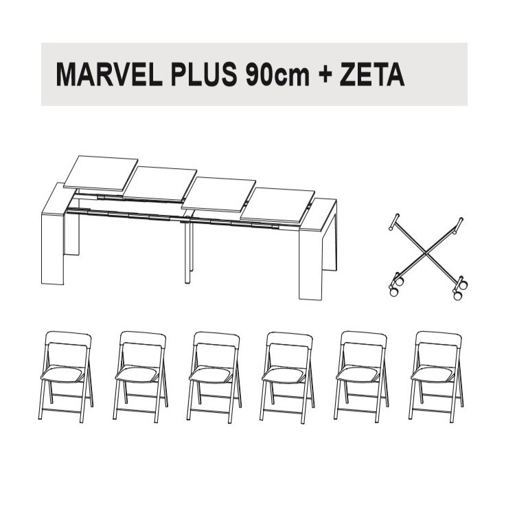 Table console extensible 12 couverts MARVEL PLUS avec 6 chaises pliantes ZETA et porte chaise inclus