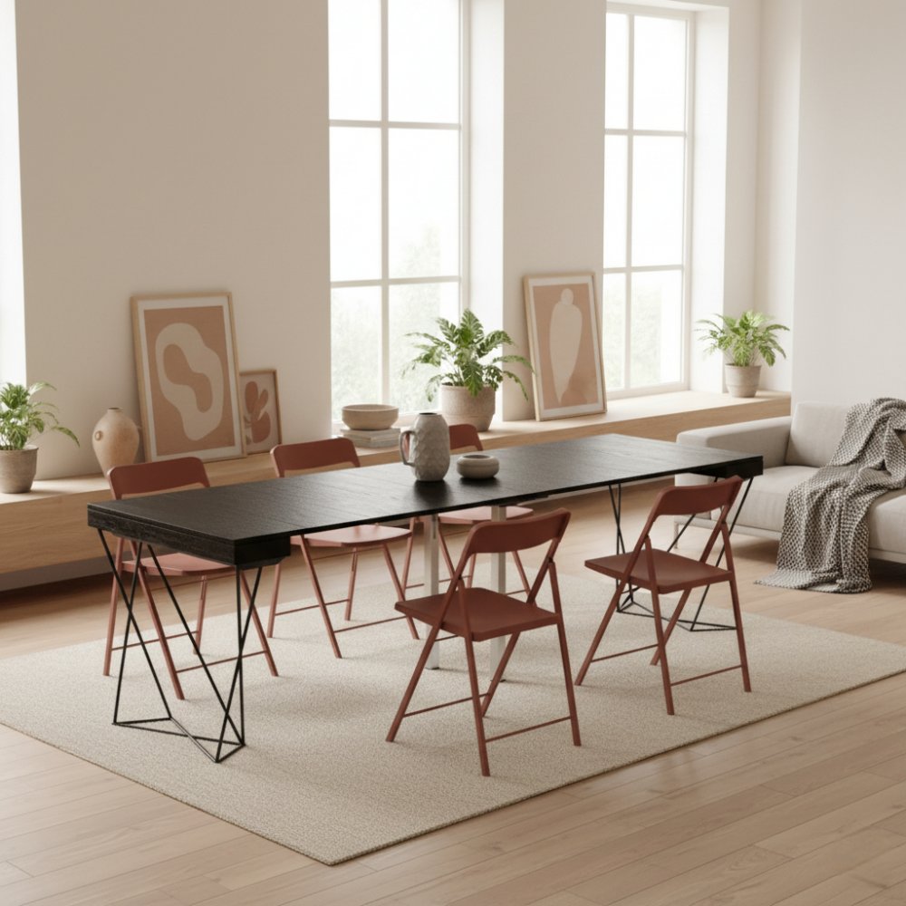Table console extensible 12 couverts EXCEL 90 cm pieds métal plateau stratifié noir carbone