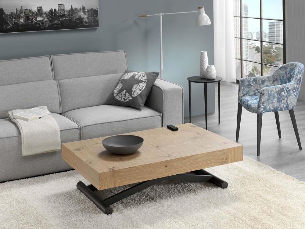 Table relevable extensible ACTIVA 120/214x38/77x80cm pied métal vulcano plateau chêne noueux.