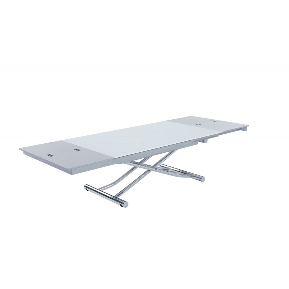 Table basse relevable et extensible NEWJUMP verre blanc pied chromé