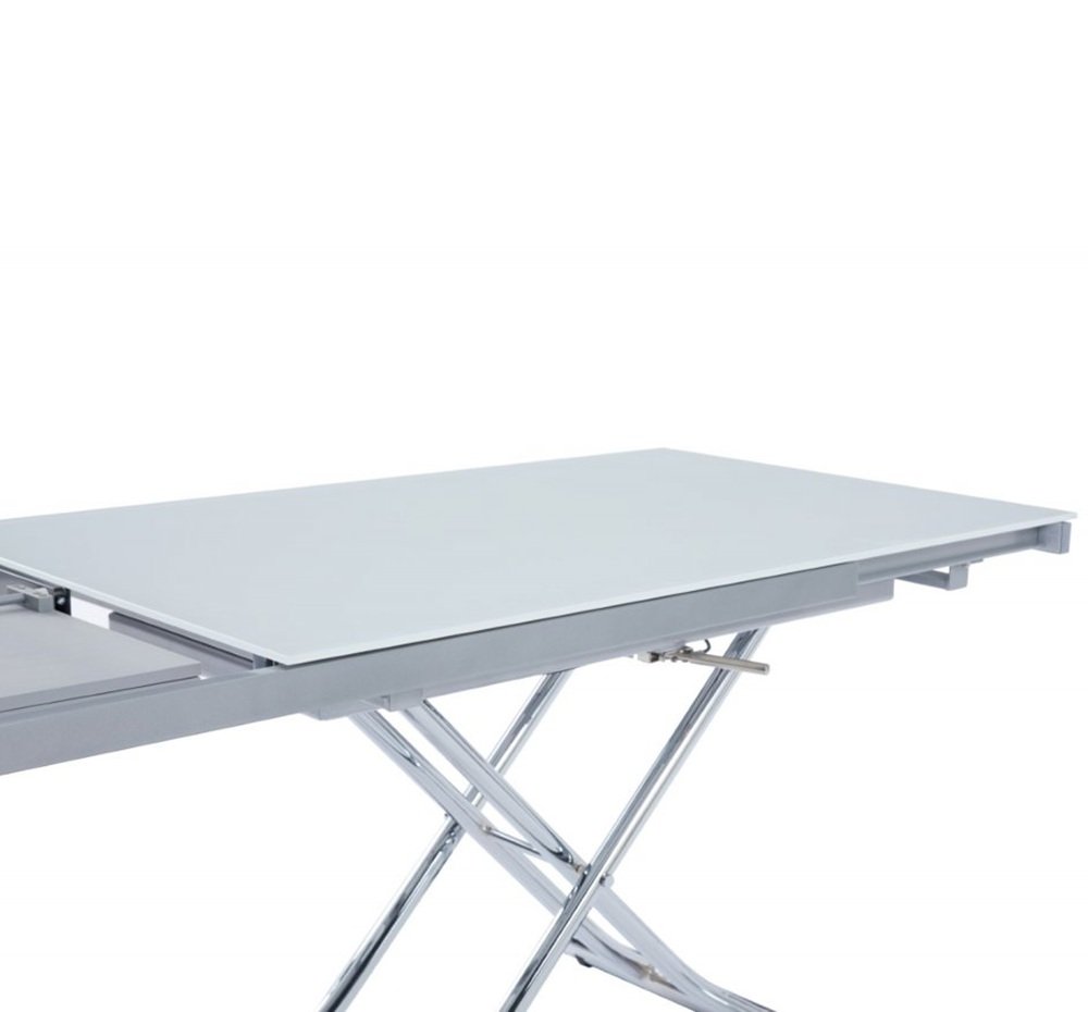 Table basse relevable et extensible NEWJUMP verre blanc pied chromé