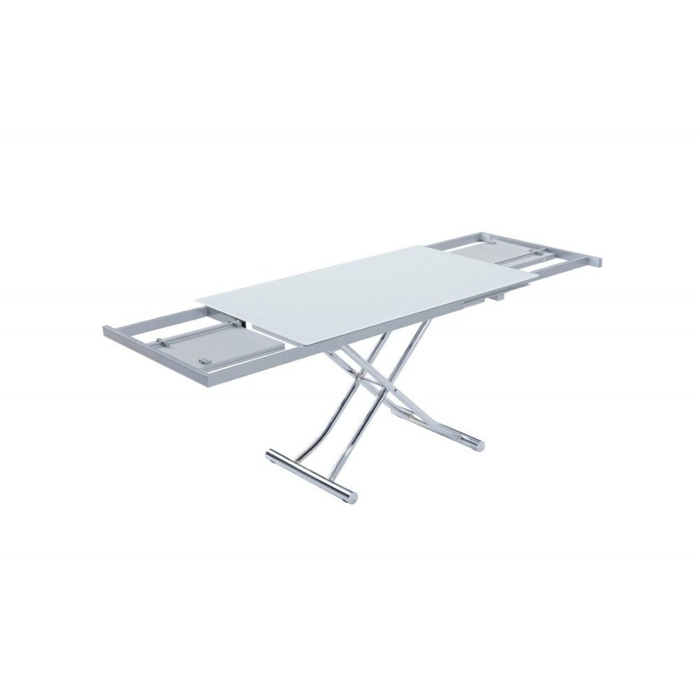 Table basse relevable et extensible NEWJUMP verre blanc pied chromé