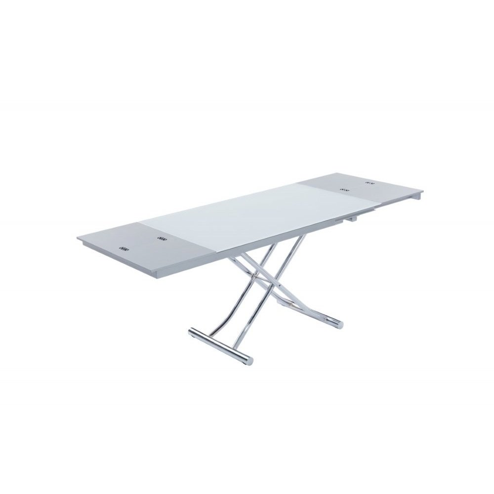 Table basse relevable et extensible NEWJUMP verre blanc pied chromé