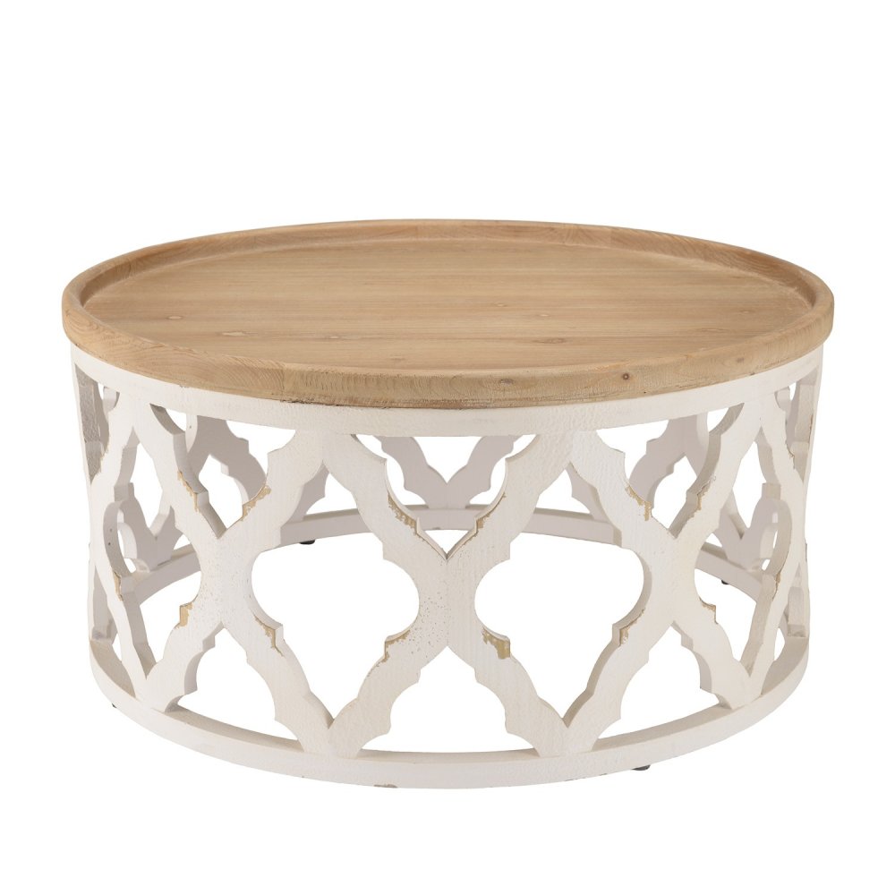 CORVIE  Table basse Ronde avec Plateau Naturel et Piétement en métal blanc