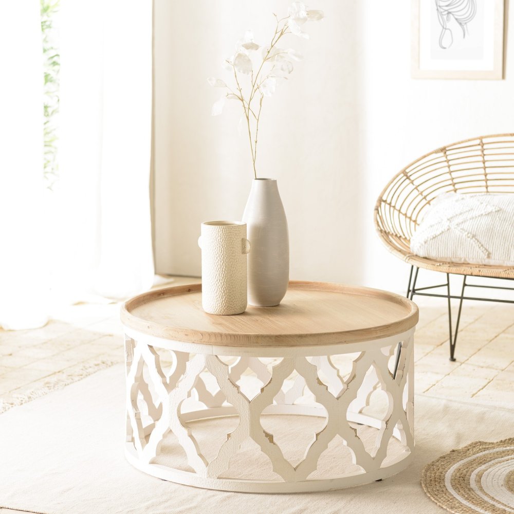 CORVIE  Table basse Ronde avec Plateau Naturel et Piétement en métal blanc