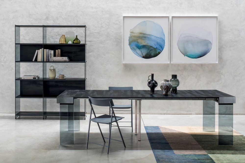 Table console extensible 14 couverts CITY FOLDING pieds verre trempé plateau stratifié écologique