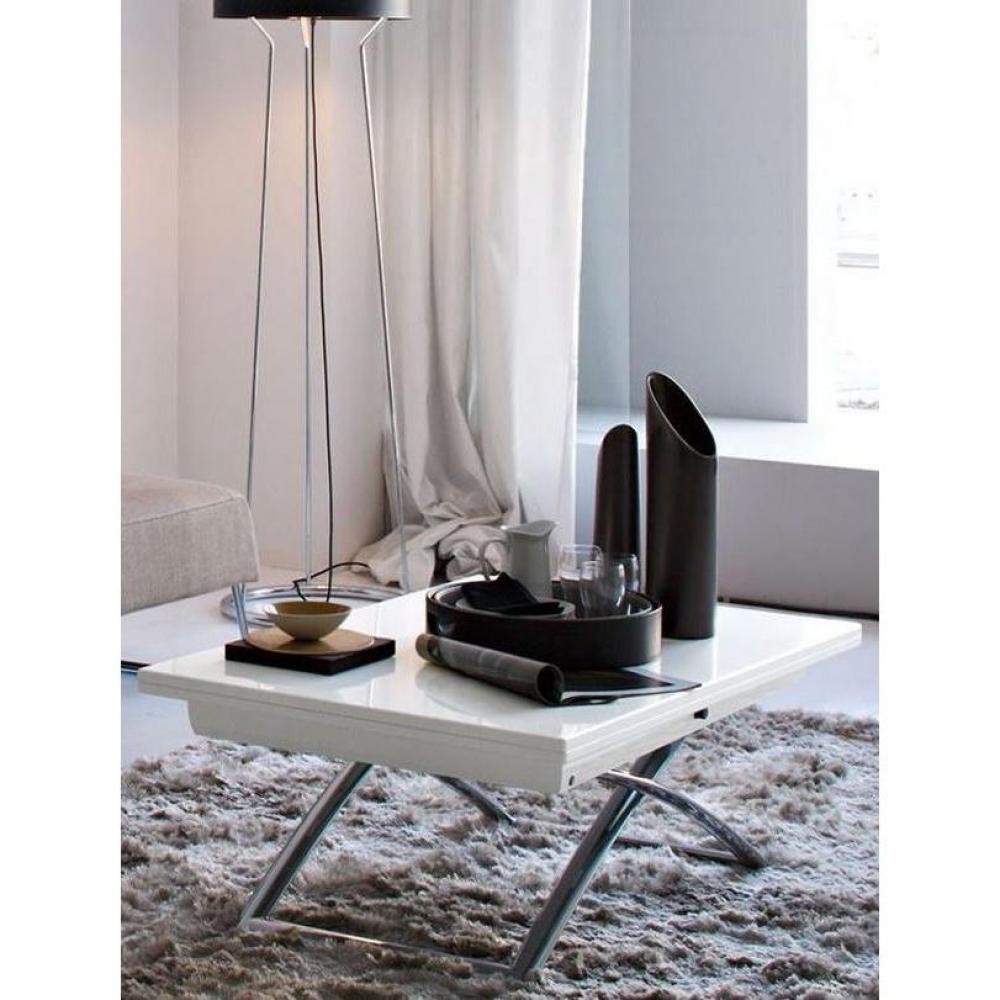 Table basse relevable extensible italienne MAGIC J  blanche et piétement en acier chromé