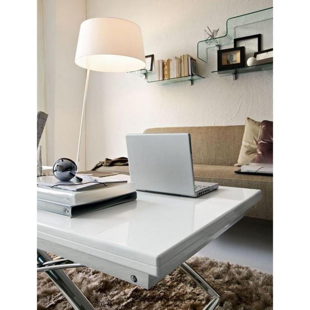 Table basse relevable extensible italienne MAGIC J  blanche et piétement en acier chromé