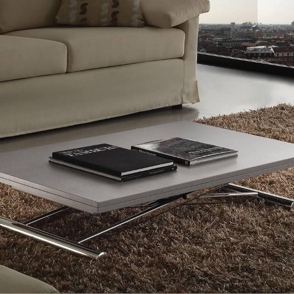 Table basse relevable extensible LIFT WOOD gris béton piètement acier chromé 110 x 70 cm