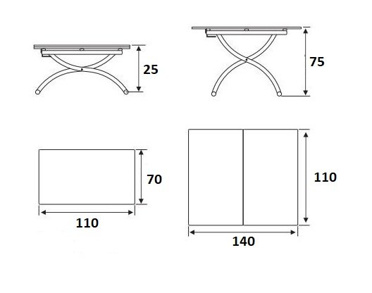 Table basse relevable extensible TRENDY mélaminé chêne Gris/Pied Chromé 110 x 70/140 cm
