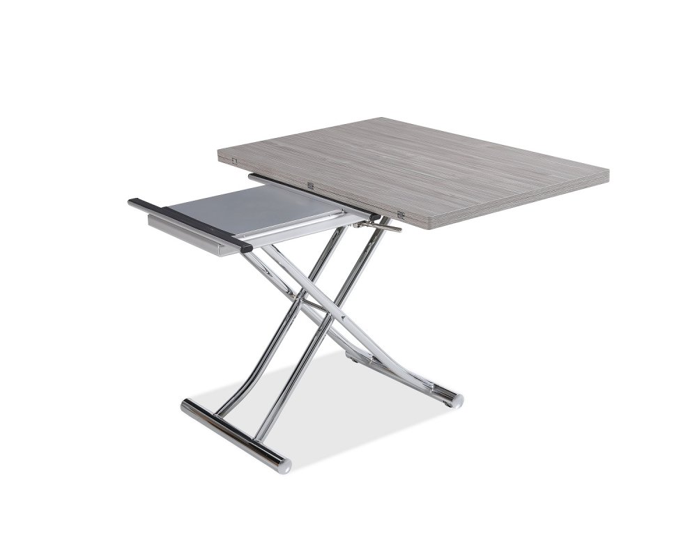 Table basse relevable extensible TRENDY mélaminé chêne Gris/Pied Chromé 110 x 70/140 cm