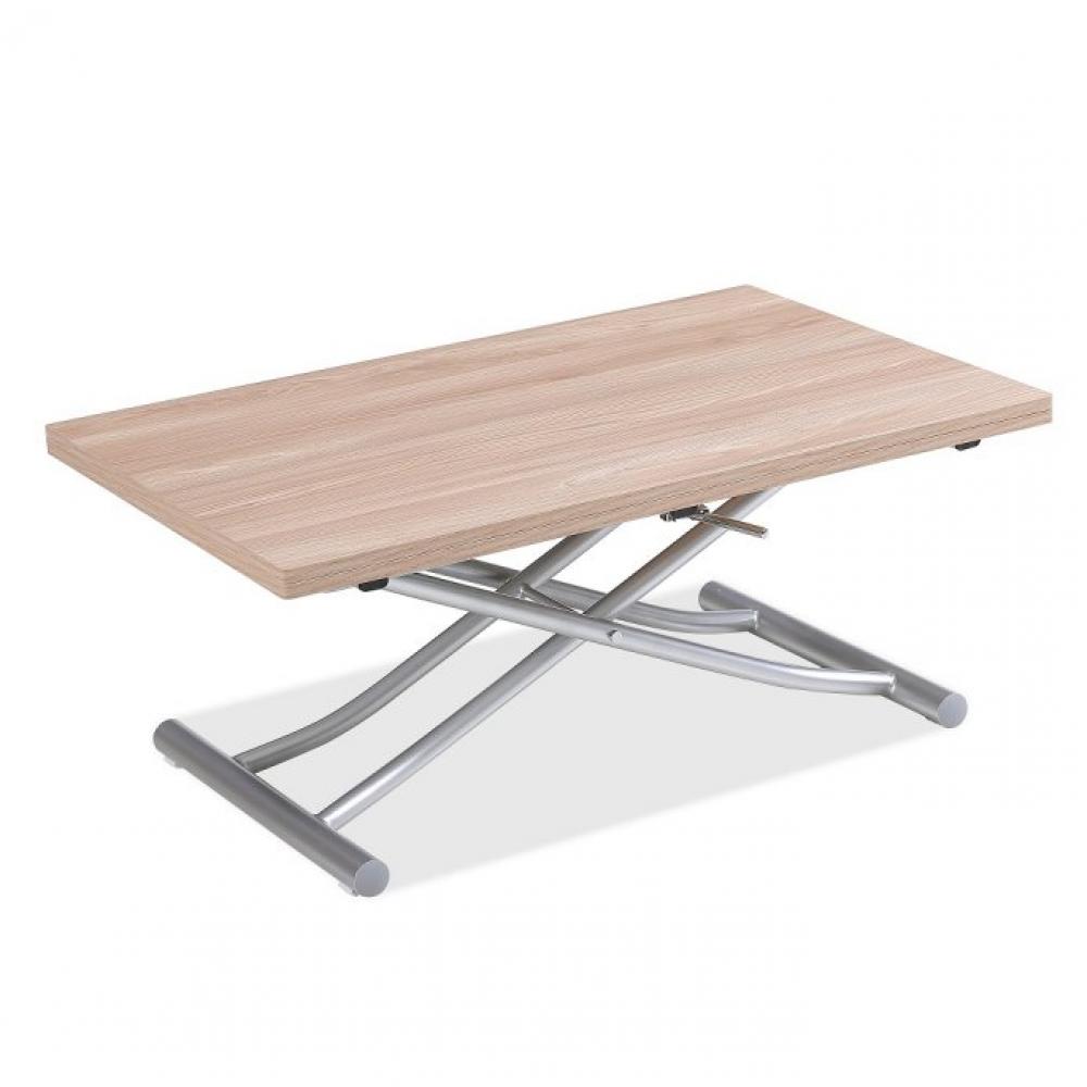 Table basse relevable extensible TRENDY mélaminé chêne clair Pied alu 110 x 70/140 cm