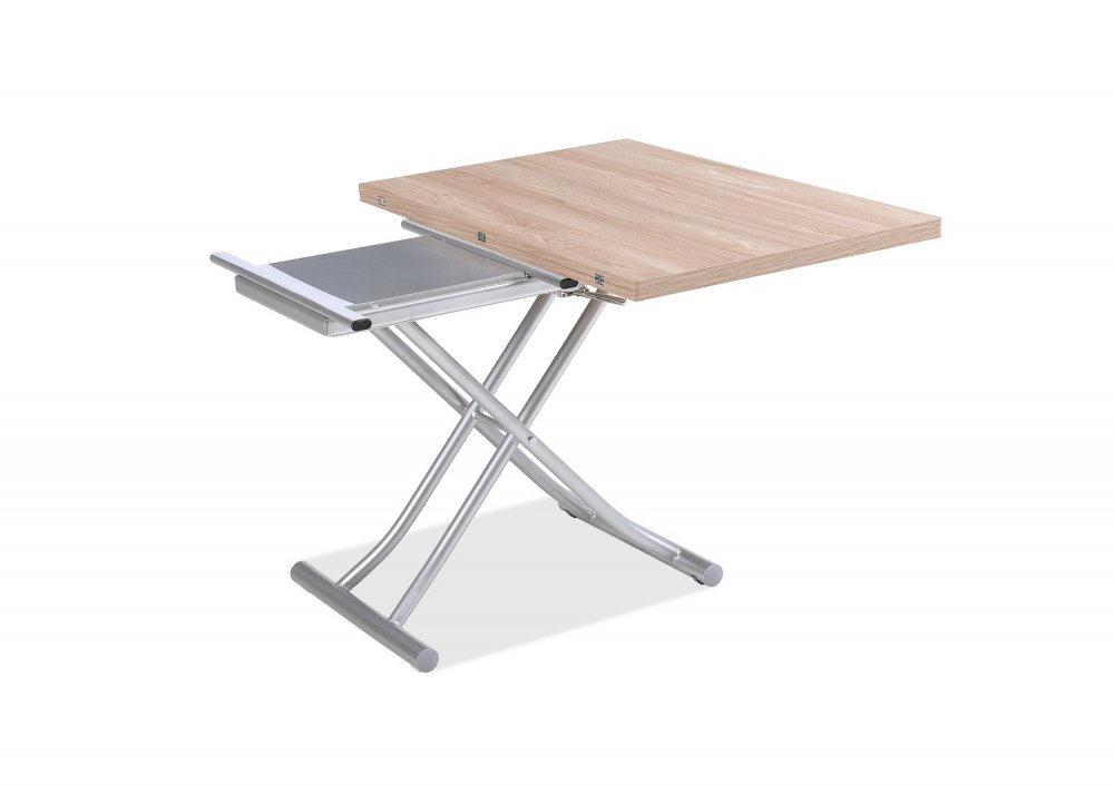Table basse relevable extensible TRENDY mélaminé chêne clair Pied alu 110 x 70/140 cm