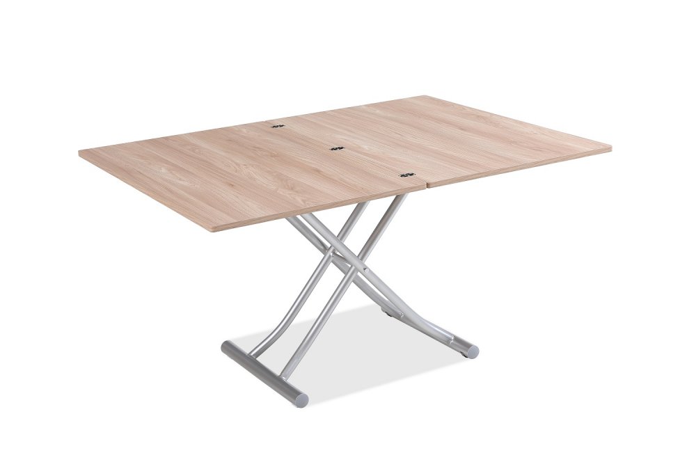 Table basse relevable extensible TRENDY mélaminé chêne clair Pied alu 110 x 70/140 cm