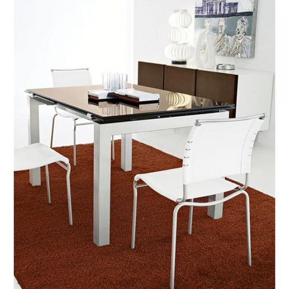 CALLIGARIS Table repas extensible AIRPORT  130x90 plateau verre café piétement acier laqué blanc