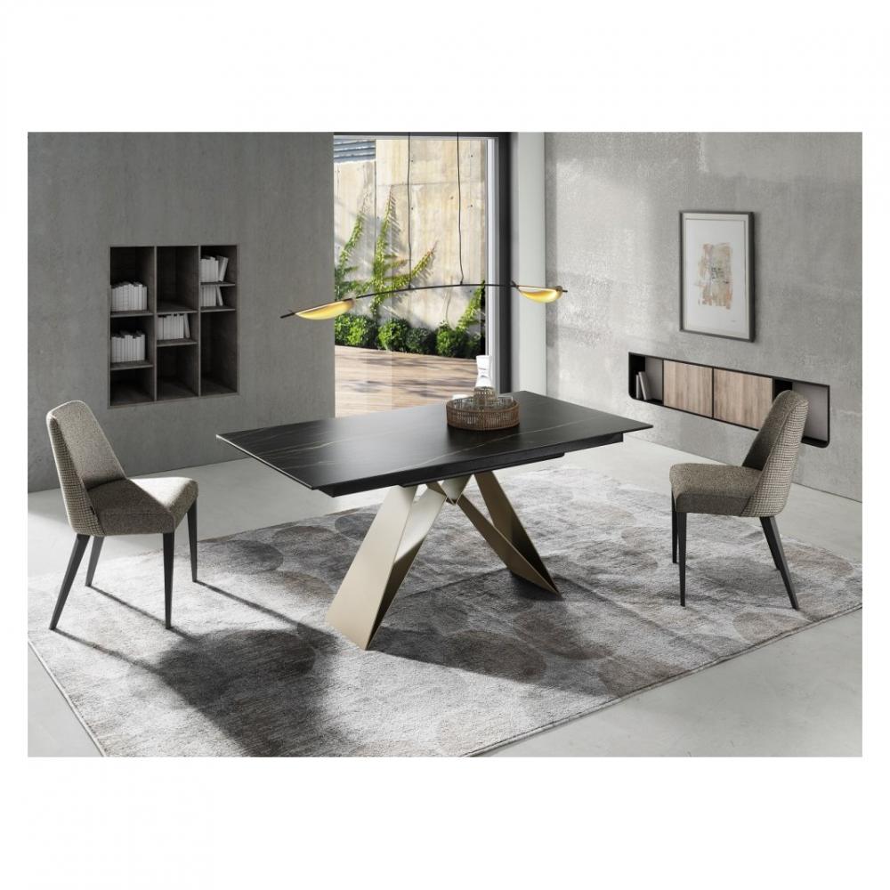 Table repas extensible ANAS 8 couverts 140/210x90cm pied métal bronze plateau céramique noir