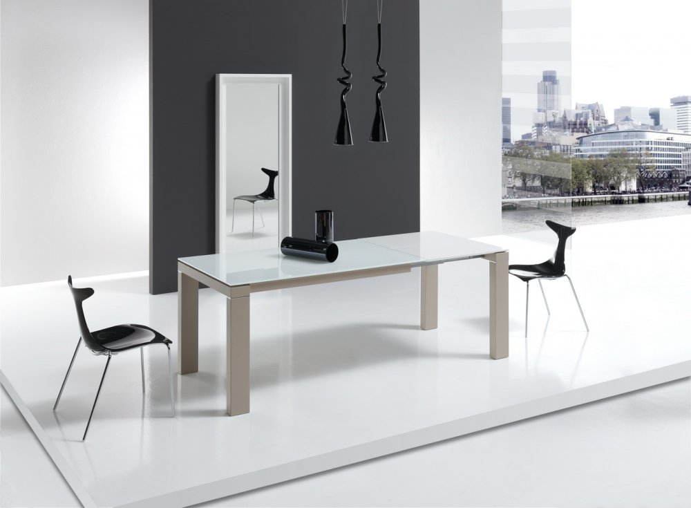 Table repas extensible ARMONIA 10 couverts 140/240x90cm pieds beiges plateau verre blanc