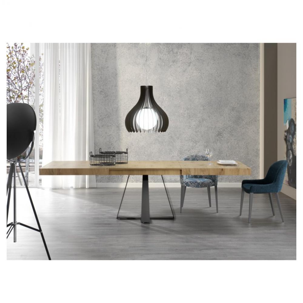 Table repas extensible CROSS 10 couverts 160/254x90cm pied métal noir plateau chêne noueux 