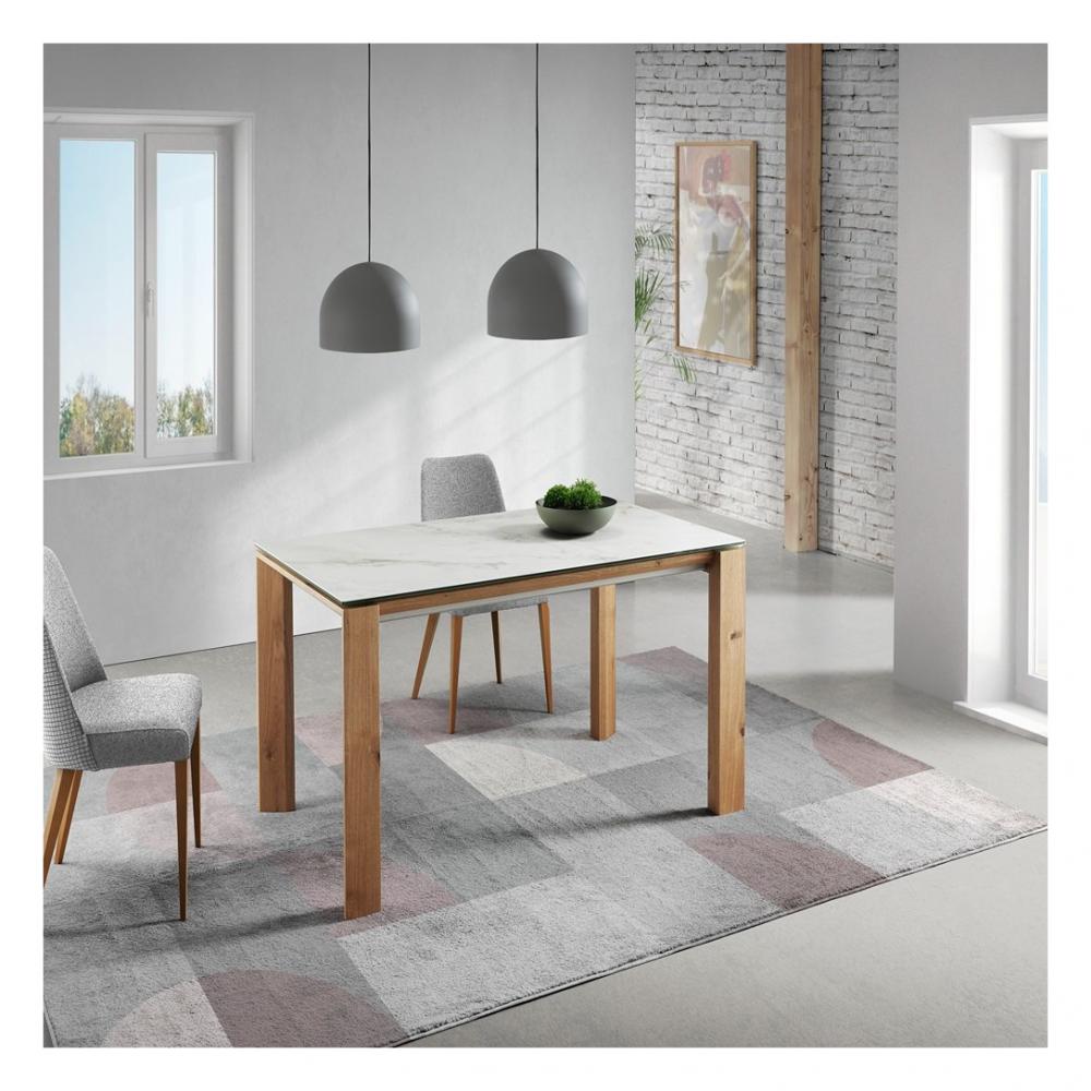 Table repas extensible ECO 8 couverts 160/230x100 cm pieds chêne plateau céramique blanc 