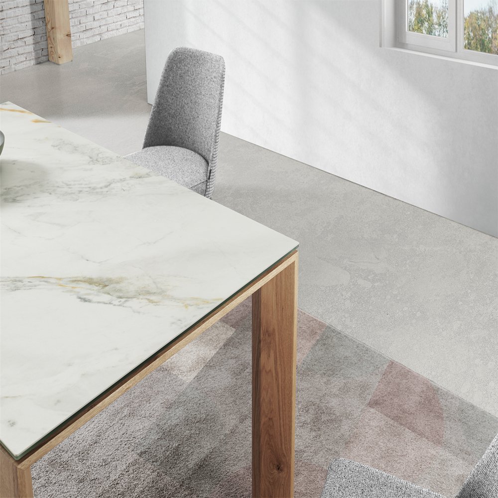 Table repas extensible ECO 8 couverts 160/230x100 cm pieds chêne plateau céramique blanc 