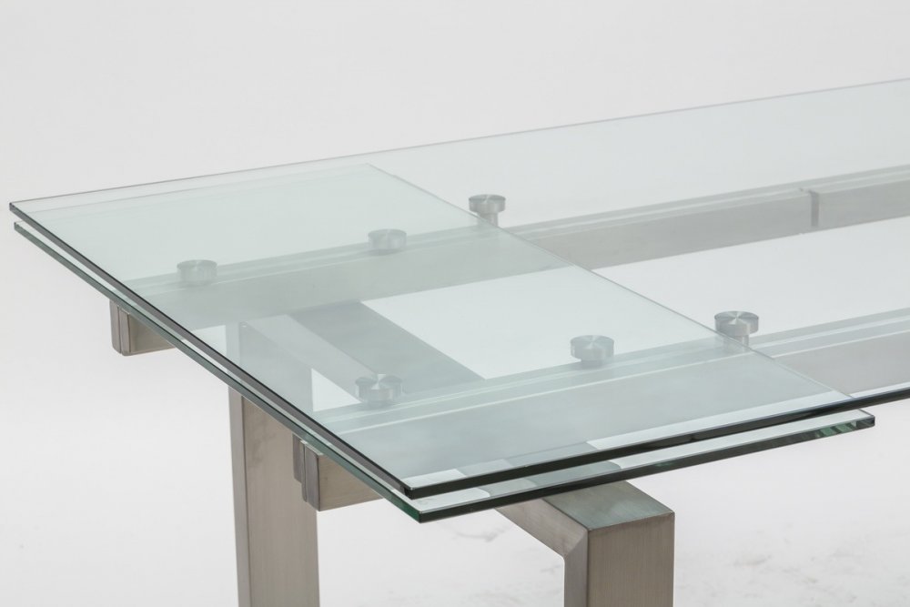 Table repas extensible NEW YORK plateau verre trempé piétement acier brossé 160 x 90 cm.