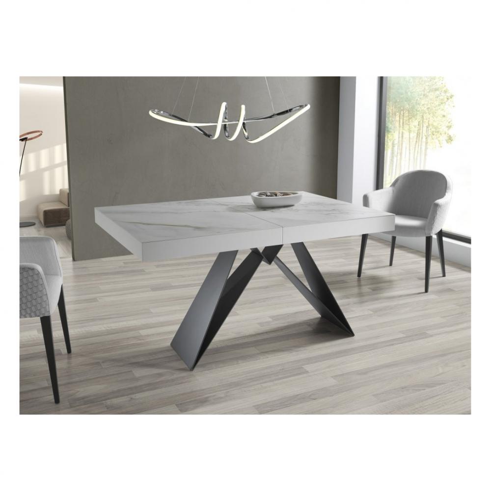Table repas extensible STATO 8 couverts 135/229x90cm pied métal noir plateau céramique blanc