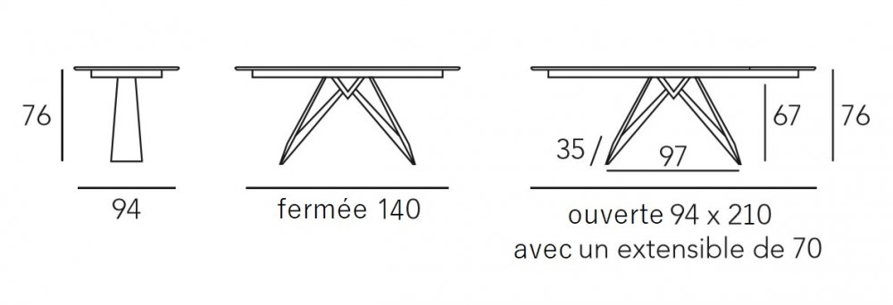 Table repas extensible YAKKA 8 couverts 140/210x94cm pied métal noir plateau céramique blanc