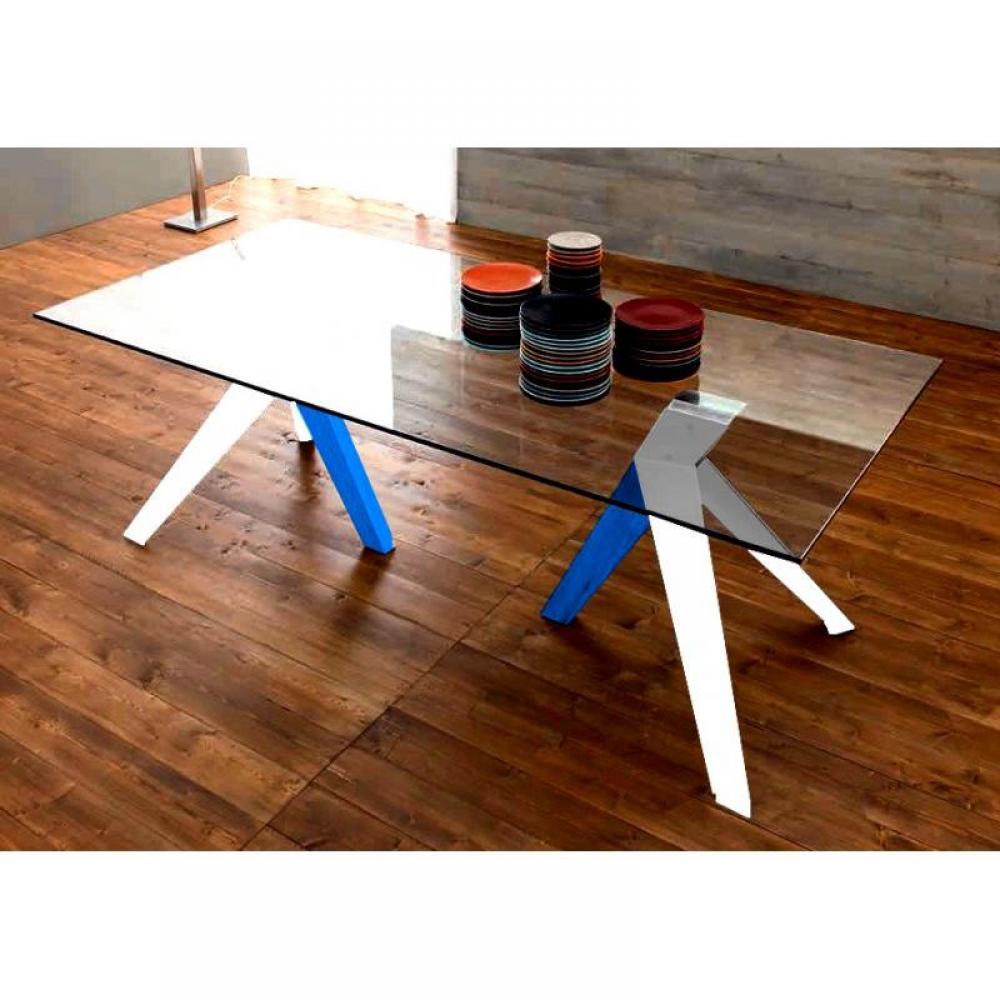TRIO Table repas en verre, piétement en bois blanc et bleu