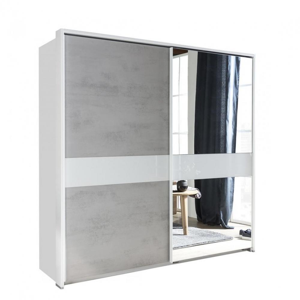 Armoire portes coulissantes COMBER encadrement en façade, coloris béton clair / blanc + miroir 179 c