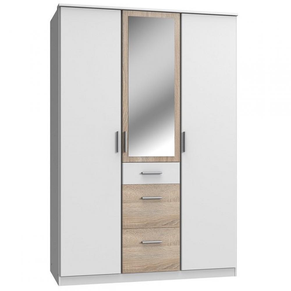 Armoire 3 portes, 3 tiroirs VOLVERINE miroir central finition blanc / coloris chêne