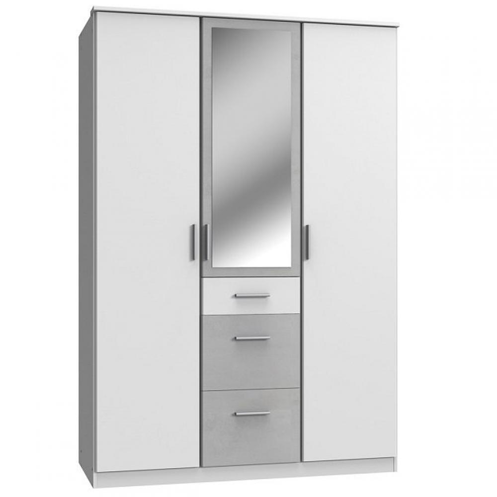 Armoire 3 portes, 3 tiroirs VOLVERINE miroir central finition blanc / coloris béton gris clair