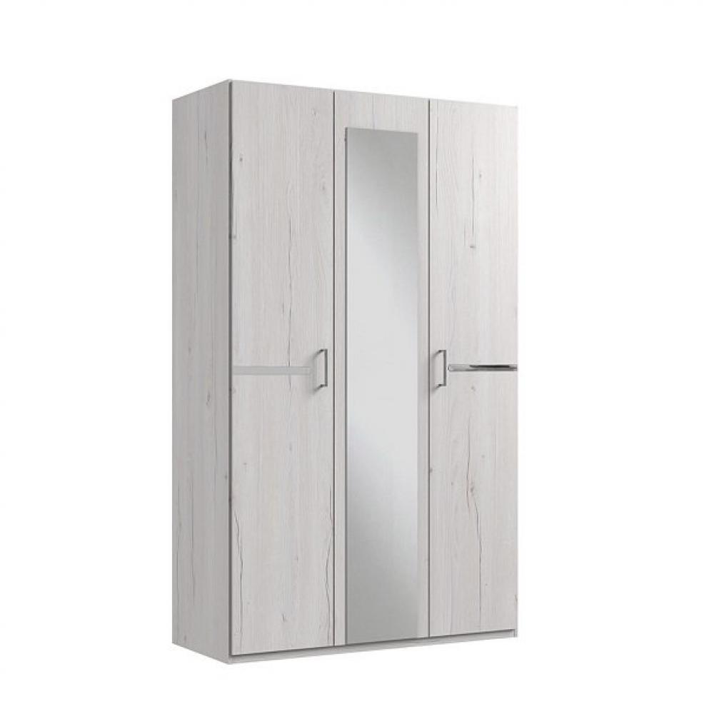 Armoire penderie 3 portes, 1 miroir CARAMELLA largeur 135 cm décor chêne blanchi rechampi chrome bri