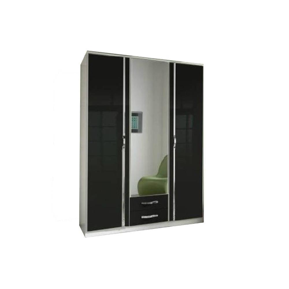 Armoire KROOS 3 portes miroir central et 2 tiroirs corps coloris blanc façade laquée noir brillant