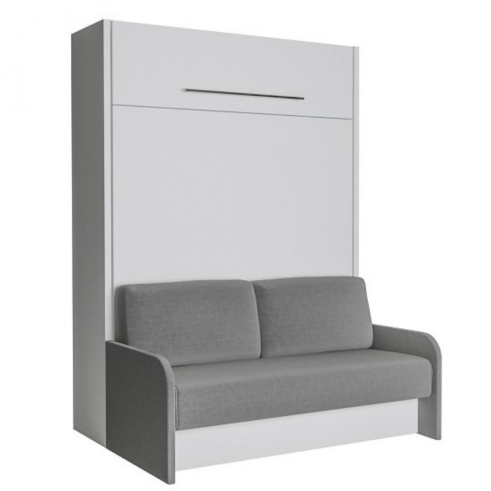 SPACE SOFA FAST armoire lit escamotable 140 cm blanche avec canapé et accoudoirs microfibre grise