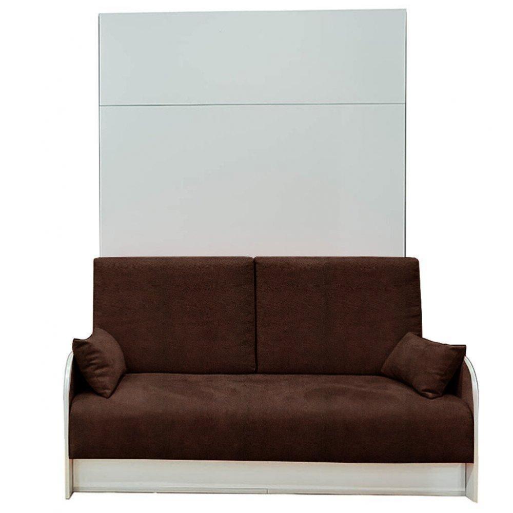 Armoire lit escamotable 160 cm BOX coloris blanc canapé coffre intégré tissu marron