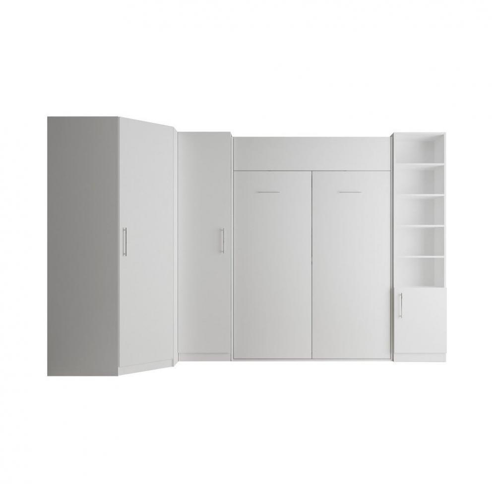 Composition armoire lit escamotable DYNAMO blanc mat Couchage 140 x 200 cm 2 colonnes rangements + a