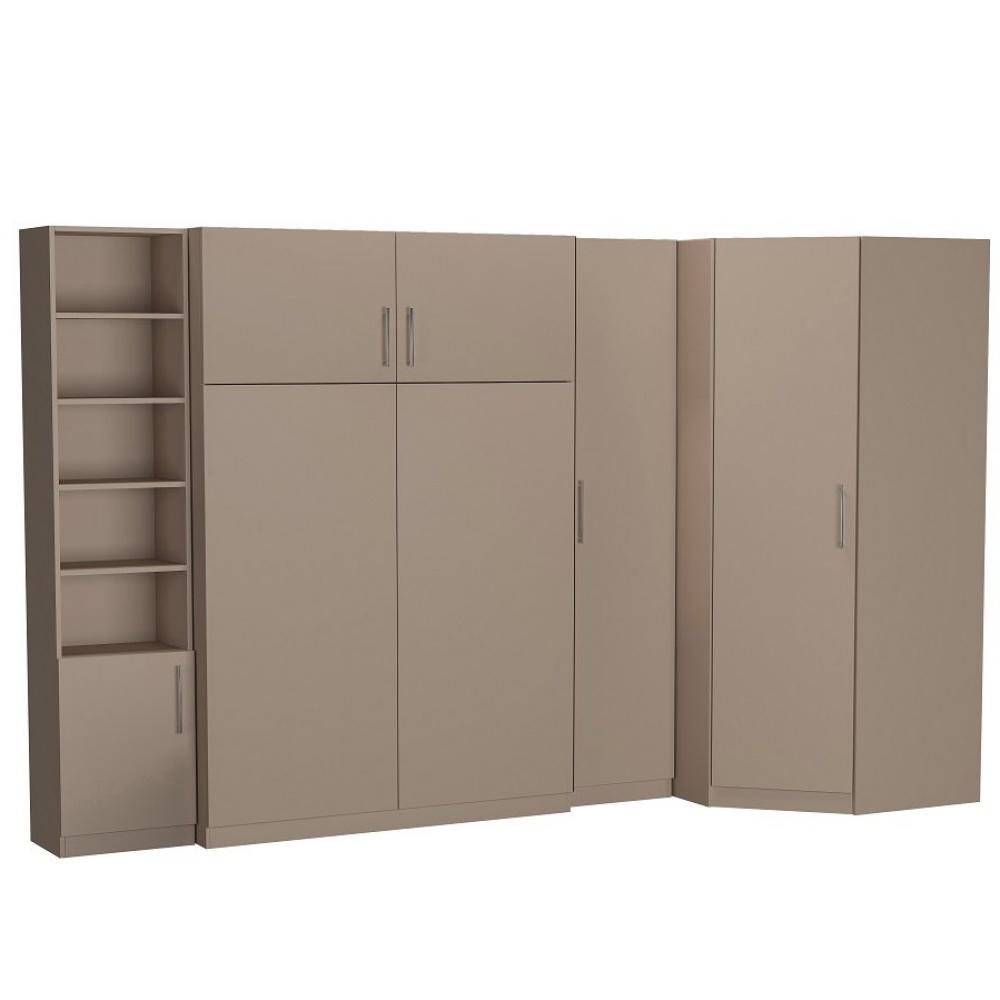 Composition armoire lit escamotable LUTECIA taupe mat Couchage 140 x 200 cm 2 colonnes rangements + 