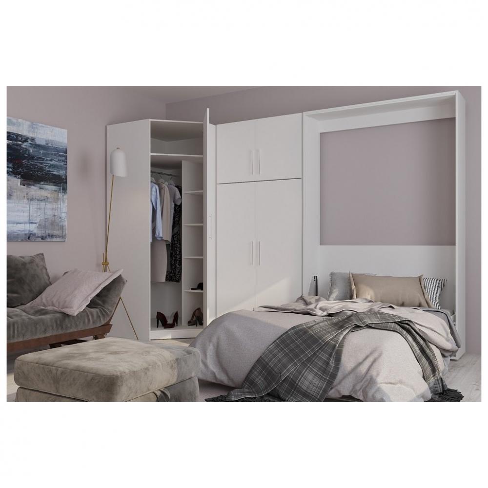 Composition armoire lit escamotable SMART-V2 blanc mat Couchage 160 x 200 cm armoire 2 portes + angl