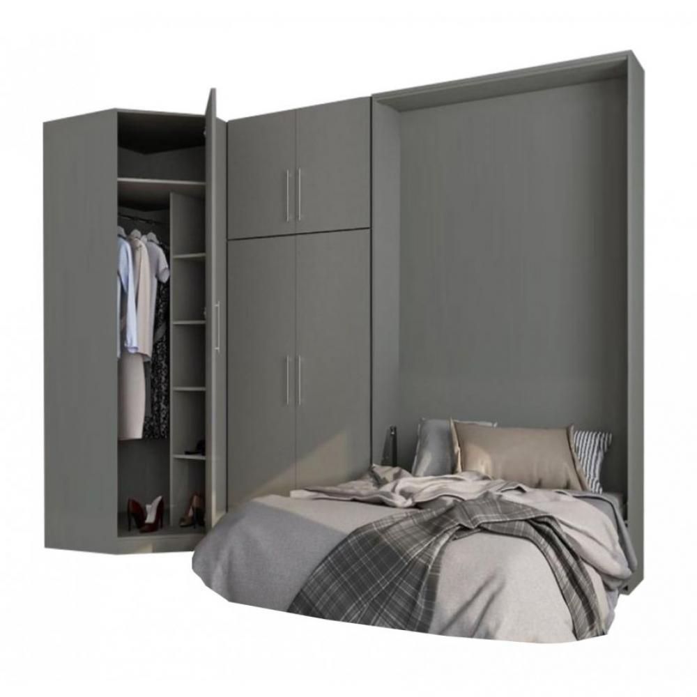 Composition armoire lit escamotable SMART-V2 gris mat Couchage 160 x 200 cm armoire 2 portes + angle
